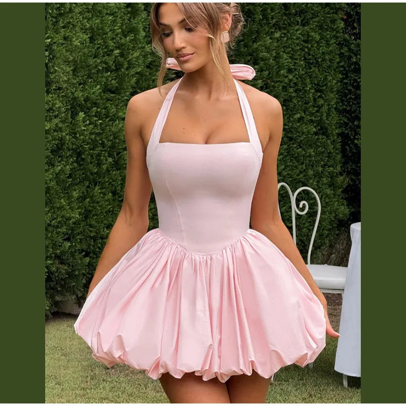 Bellanica - Elegant Pink Halter Pleated Mini Dress