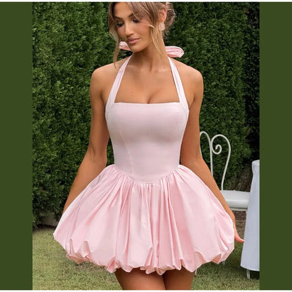 Bellanica - Elegant Pink Halter Pleated Mini Dress