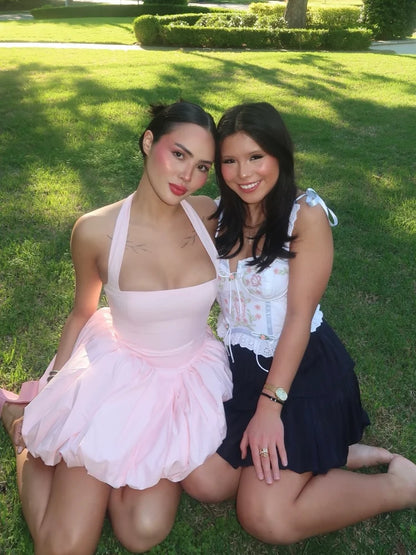 Bellanica - Elegant Pink Halter Pleated Mini Dress
