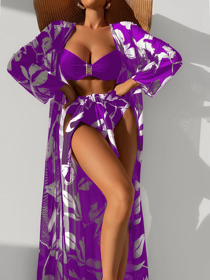 Three-Piece Printed Bikini Set with Cover-Up