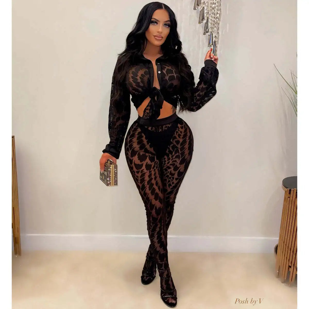 Mesh Crop Top Pants Streetwear Set