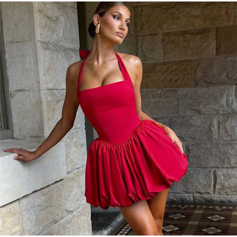Bellanica - Elegant Pink Halter Pleated Mini Dress