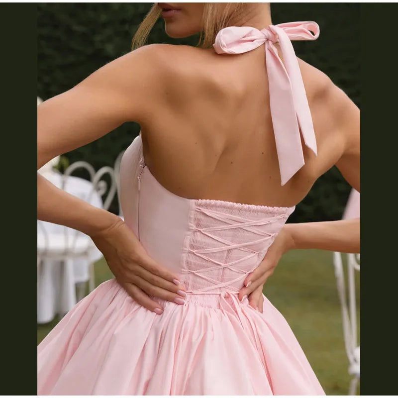 Bellanica - Elegant Pink Halter Pleated Mini Dress