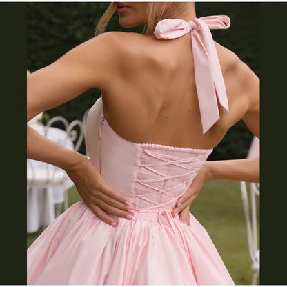 Bellanica - Elegant Pink Halter Pleated Mini Dress