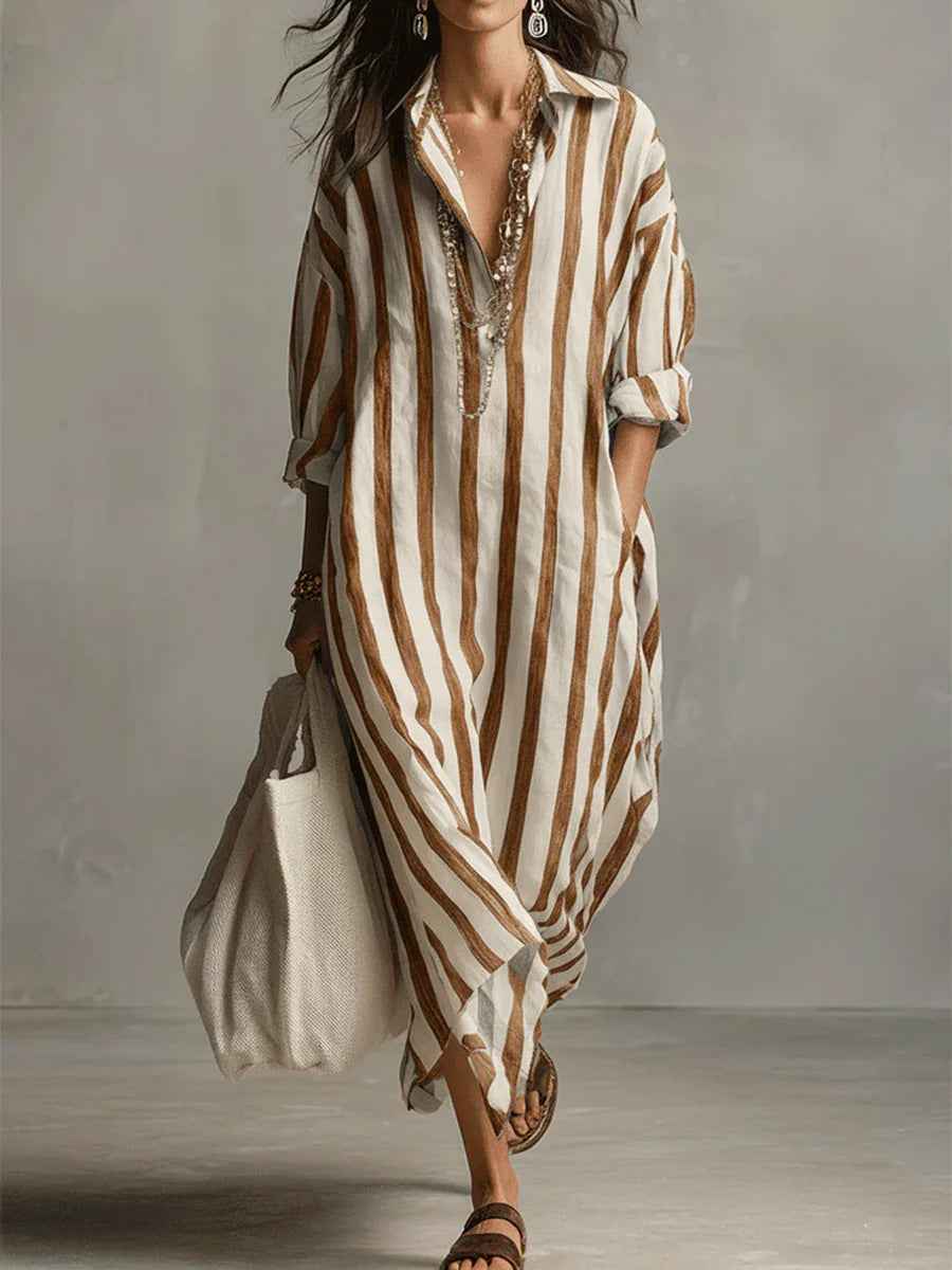 Women's Striped Print Summer Split-Collar Dress