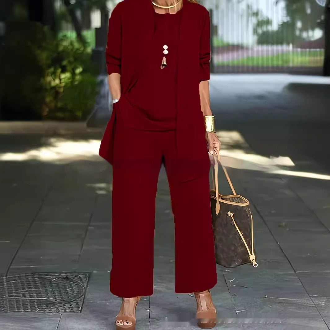 Three-Piece Cardigan Suit with Wide-Leg Pants - close-up