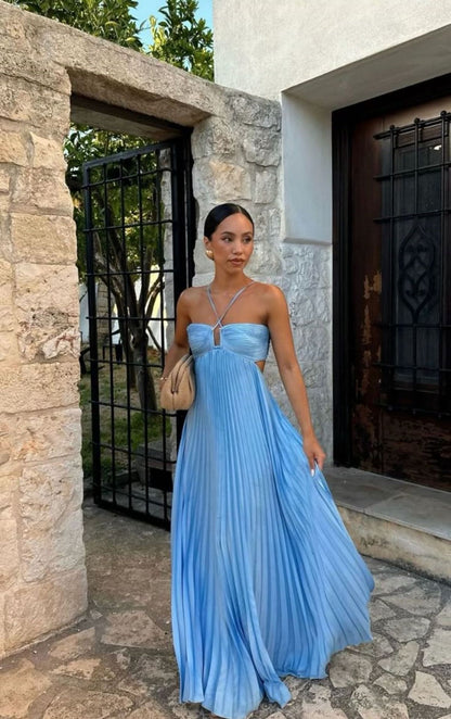 Pleated Sleeveless Halter Dress for Women | Evening Party Style
