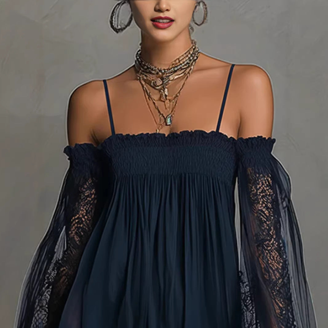 Long-Sleeve Slip Dress with Lace Detailing - detail