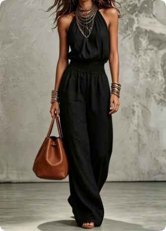 Womens Sleeveless Backless Lace-Up Halter Wide-Leg Jumpsuit Pants