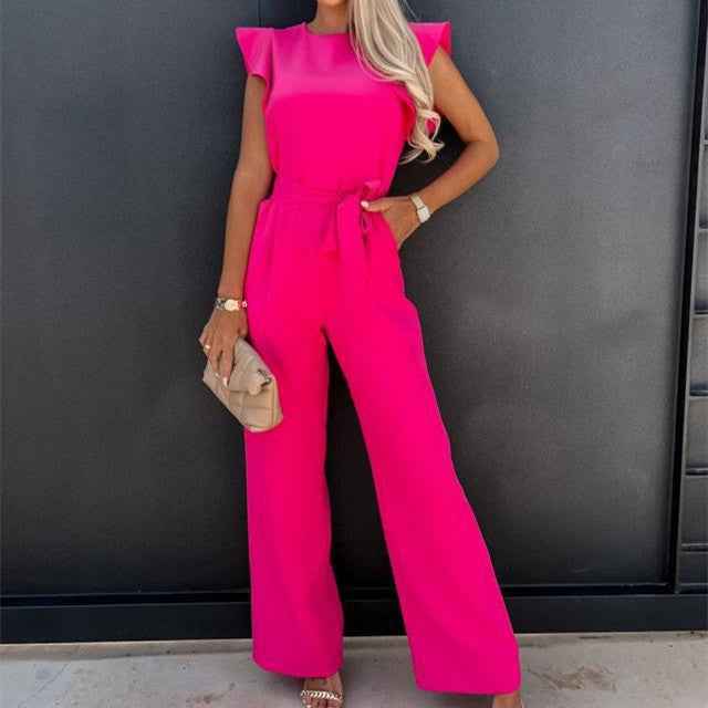 Ruffled sleeveless belted jumpsuit with pockets