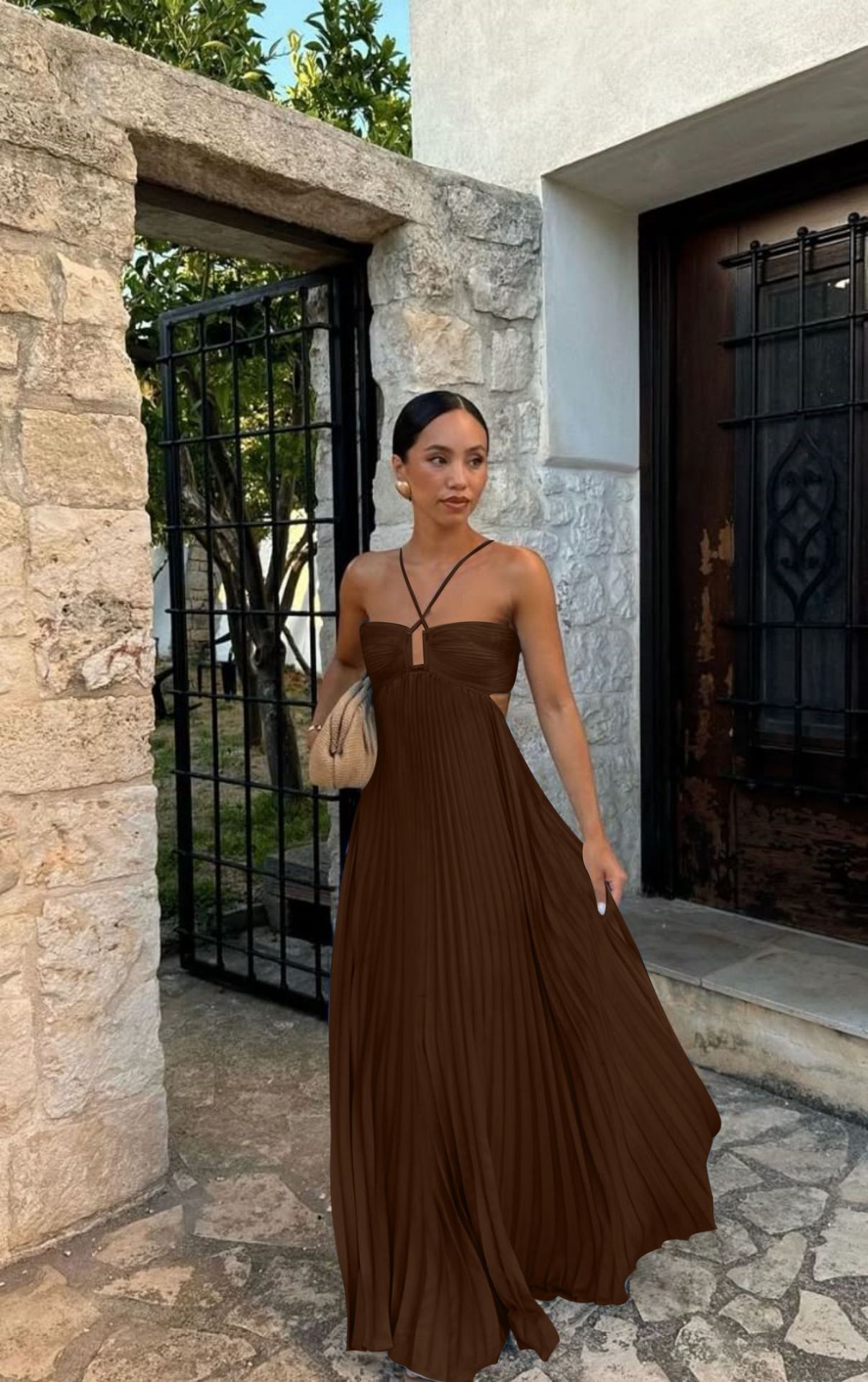 Pleated Sleeveless Halter Dress for Women | Evening Party Style