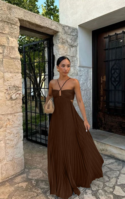 Pleated Sleeveless Halter Dress for Women | Evening Party Style
