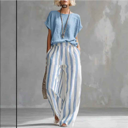 Women's Striped Summer T-Shirt Trouser Set
