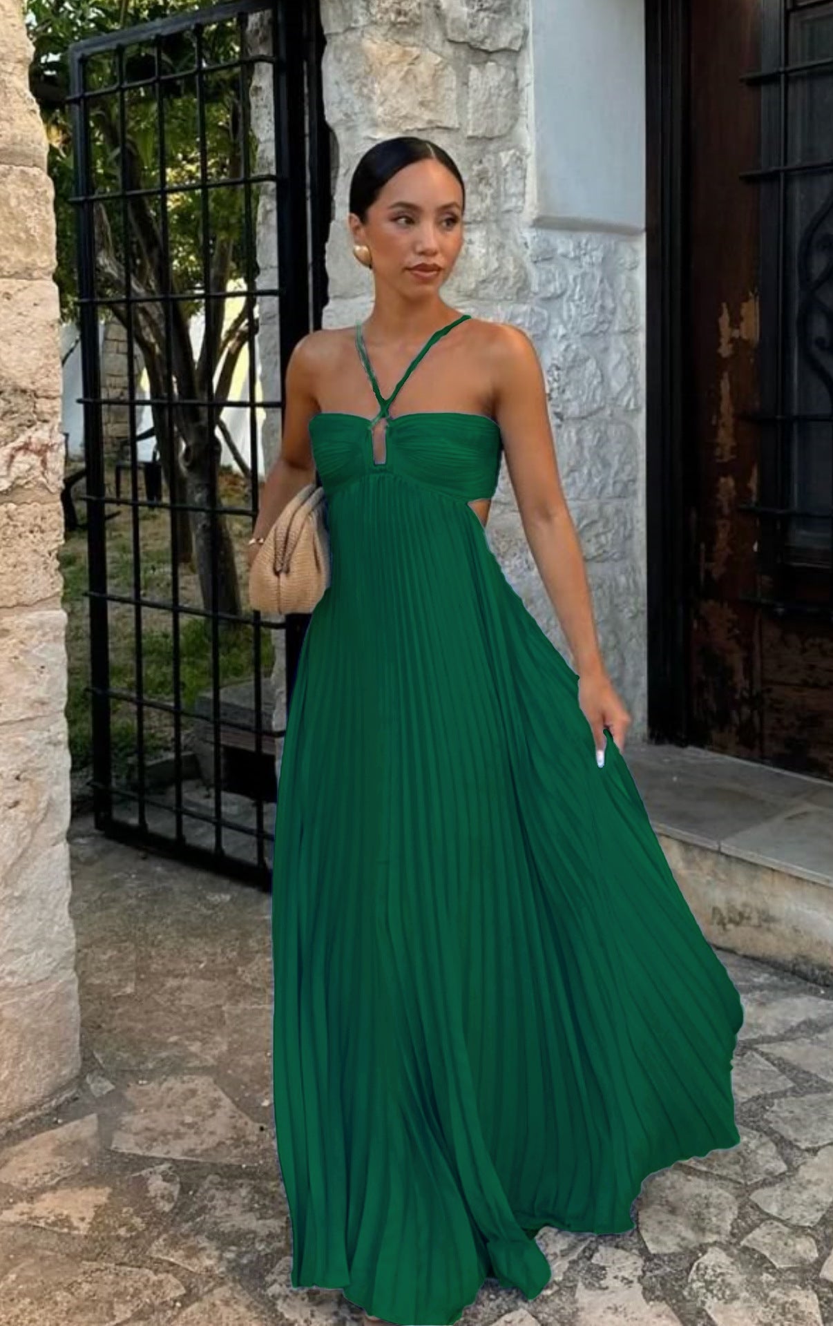 Pleated Sleeveless Halter Dress for Women | Evening Party Style