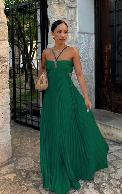 Pleated Sleeveless Halter Dress for Women | Evening Party Style
