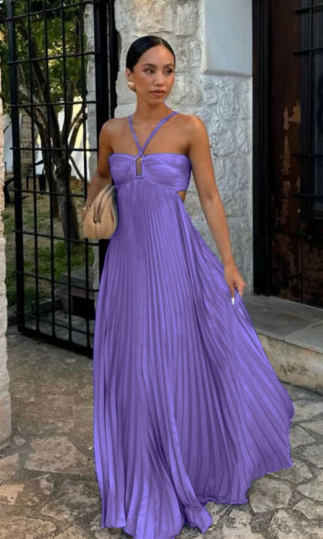 Pleated Sleeveless Halter Dress for Women | Evening Party Style
