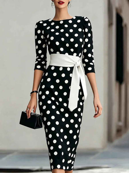 Retro Polka-dot Navy Blue Belted Waist-hugging Elegant Dress