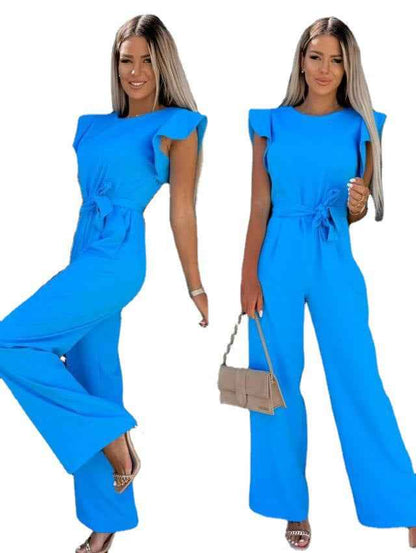 Ruffled sleeveless belted jumpsuit with pockets