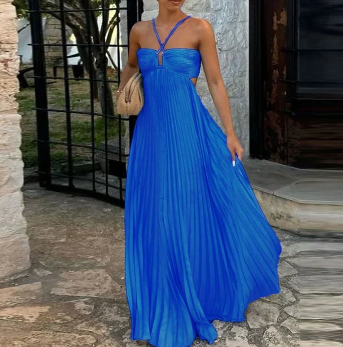 Pleated Sleeveless Halter Dress for Women | Evening Party Style