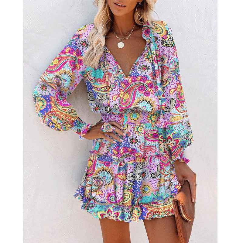 Floral Print Puff Sleeve Waist Dress