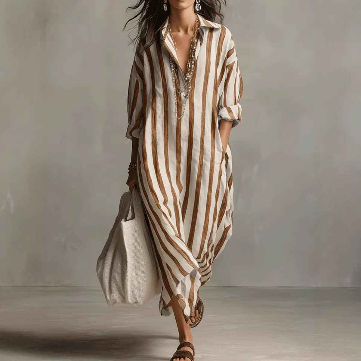 Women's Striped Print Summer Split-Collar Dress