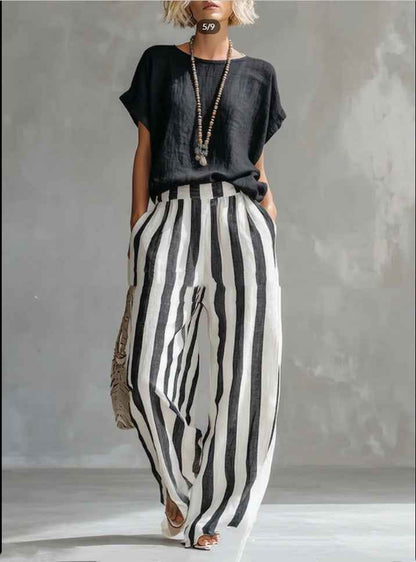 Women's Striped Summer T-Shirt Trouser Set