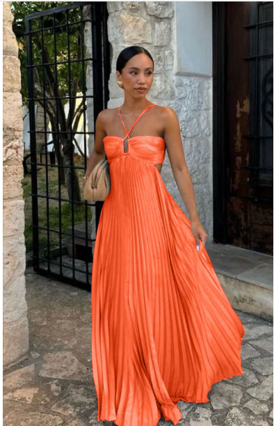 Pleated Sleeveless Halter Dress for Women | Evening Party Style