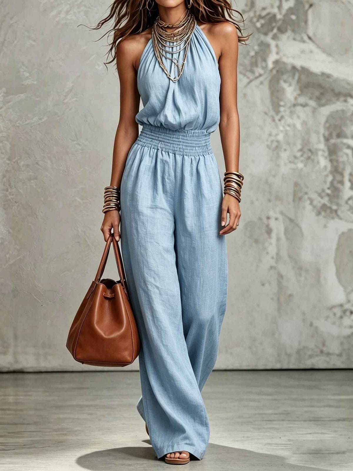 Womens Sleeveless Backless Lace-Up Halter Wide-Leg Jumpsuit Pants