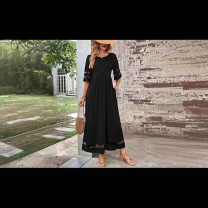 New Hot Sale Five-quarter Sleeve Mesh Patchwork Round Neck Pocket Dress