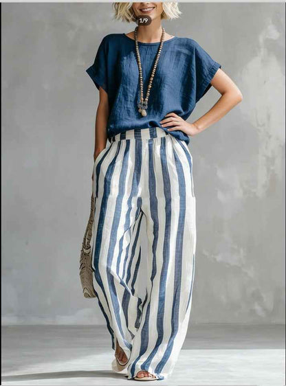 Women's Striped Summer T-Shirt Trouser Set