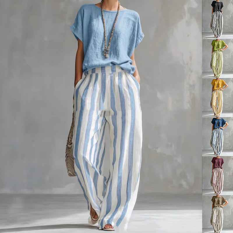 Women's Striped Summer T-Shirt Trouser Set