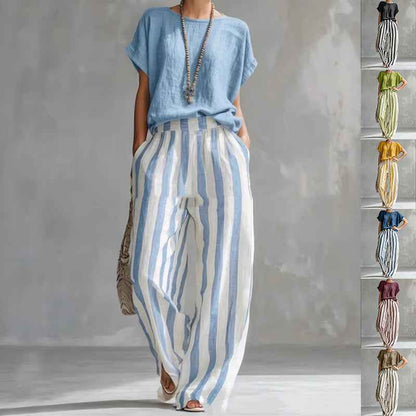 Women's Striped Summer T-Shirt Trouser Set