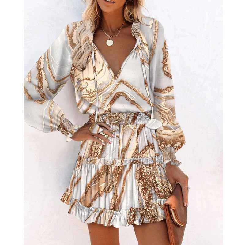 Floral Print Puff Sleeve Waist Dress