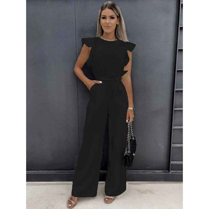 Ruffled sleeveless belted jumpsuit with pockets