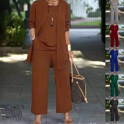 Three-piece cardigan suit with sleeveless vest and wide-leg pants