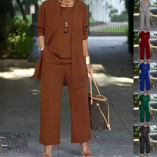 Three-piece cardigan suit with sleeveless vest and wide-leg pants