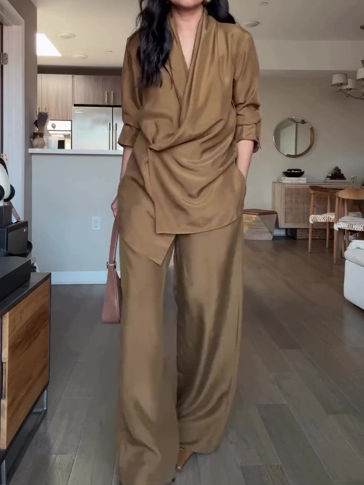 Satin Blouse and Wide Leg Pants Set | Bellanica Elegant Outfit