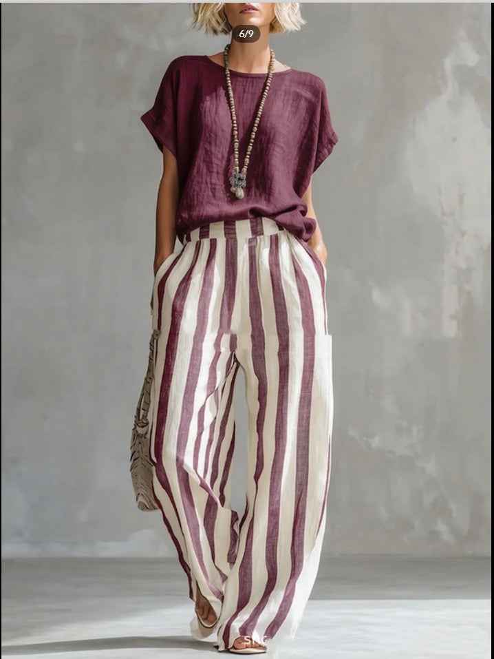 Women's Striped Summer T-Shirt Trouser Set