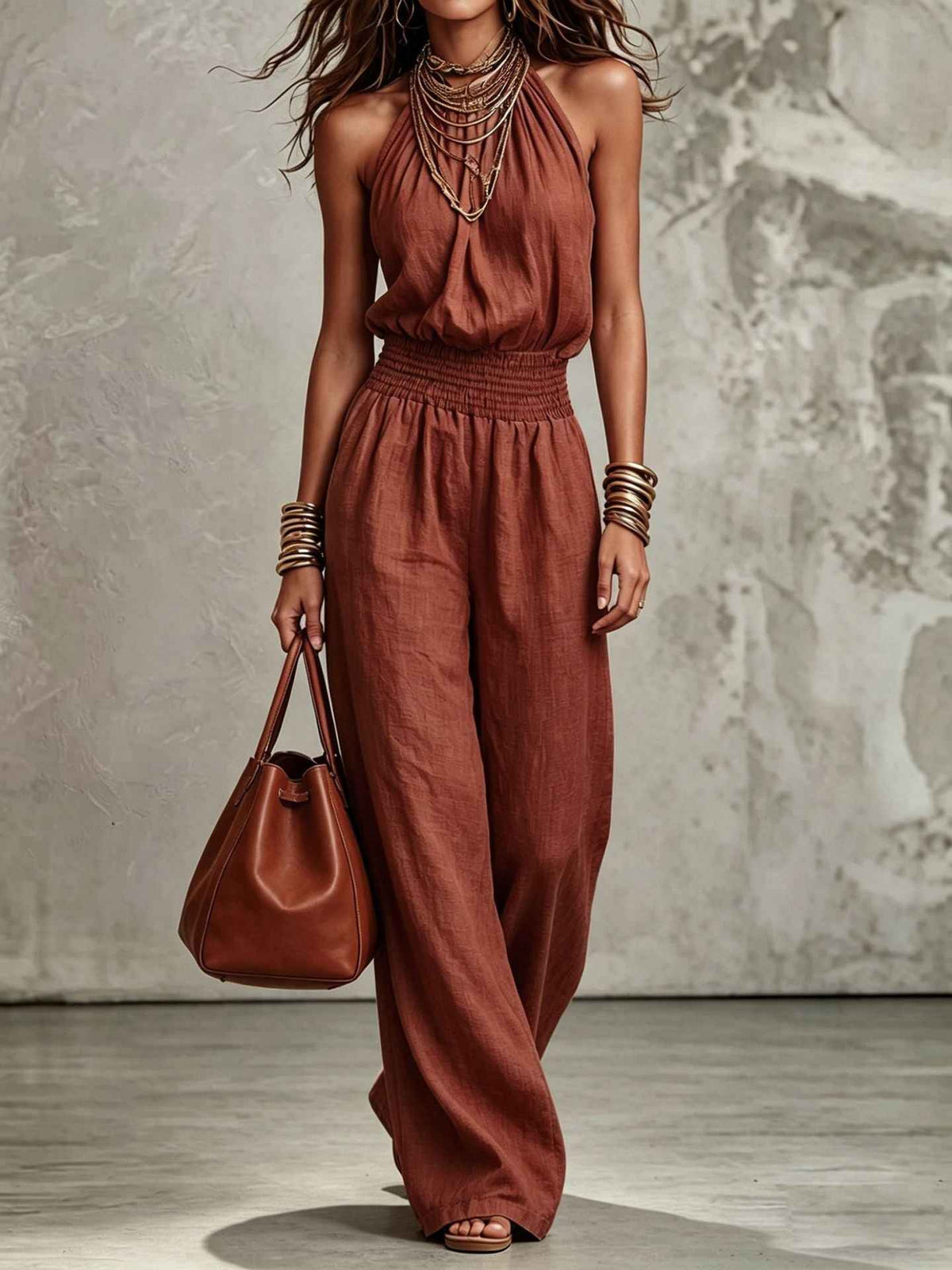 Womens Sleeveless Backless Lace-Up Halter Wide-Leg Jumpsuit Pants