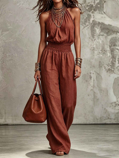 Womens Sleeveless Backless Lace-Up Halter Wide-Leg Jumpsuit Pants