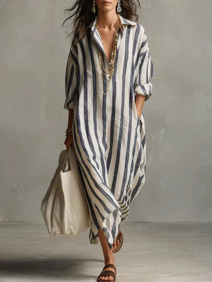 Women's Striped Print Summer Split-Collar Dress