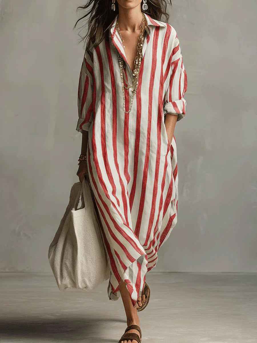 Women's Striped Print Summer Split-Collar Dress