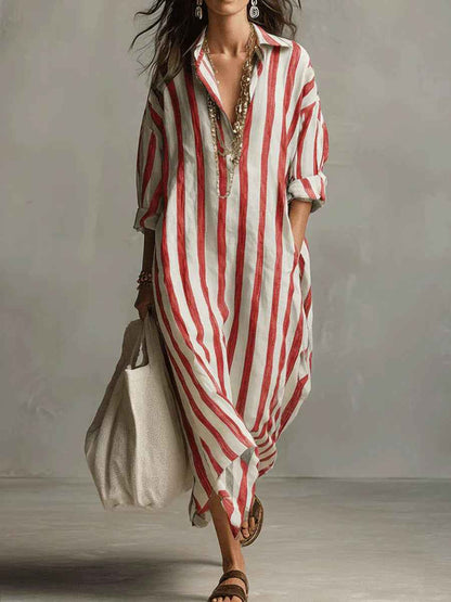 Women's Striped Print Summer Split-Collar Dress