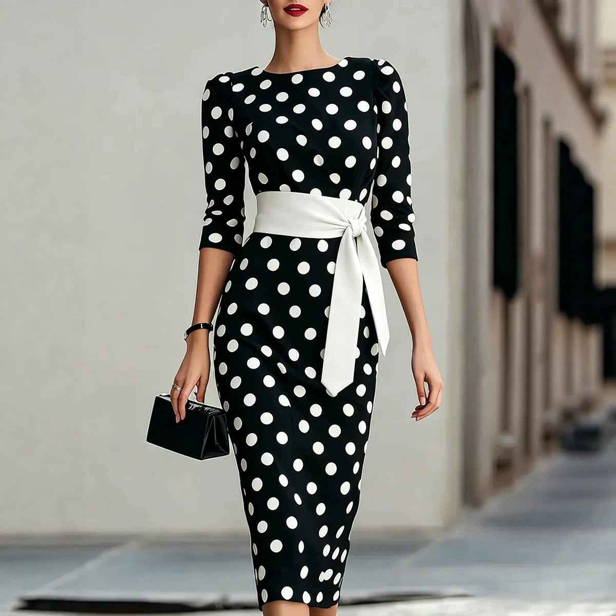 Retro Polka-dot Navy Blue Belted Waist-hugging Elegant Dress