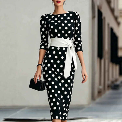 Retro Polka-dot Navy Blue Belted Waist-hugging Elegant Dress