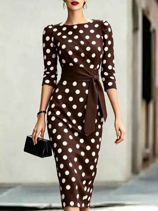 Retro Polka-dot Navy Blue Belted Waist-hugging Elegant Dress