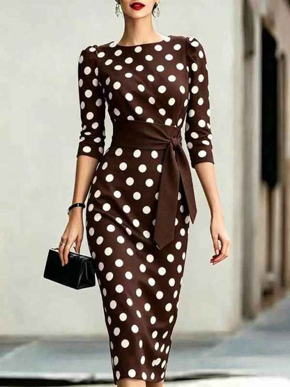 Retro Polka-dot Navy Blue Belted Waist-hugging Elegant Dress