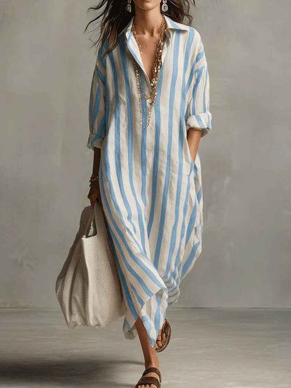Women's Striped Print Summer Split-Collar Dress