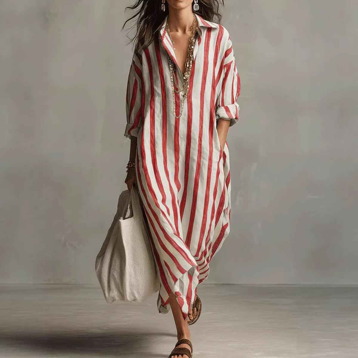 Women's Striped Print Summer Split-Collar Dress