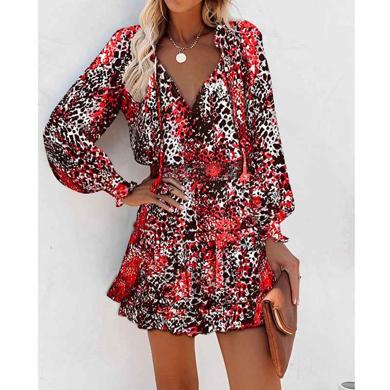 Floral Print Puff Sleeve Waist Dress